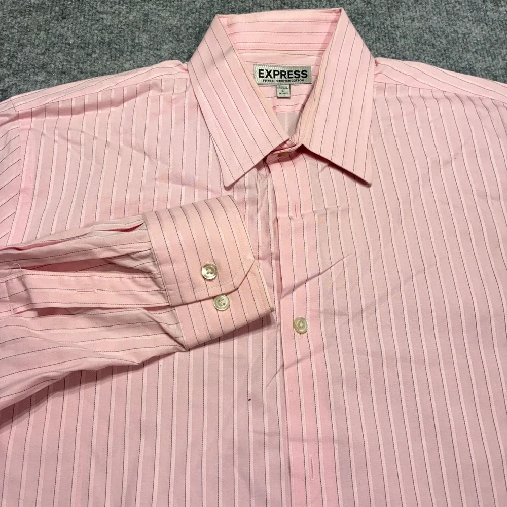 Express Mens Pink Stripe Fitted Stretch Cotton Dress Shirt Size L‎ 16-16 1/2